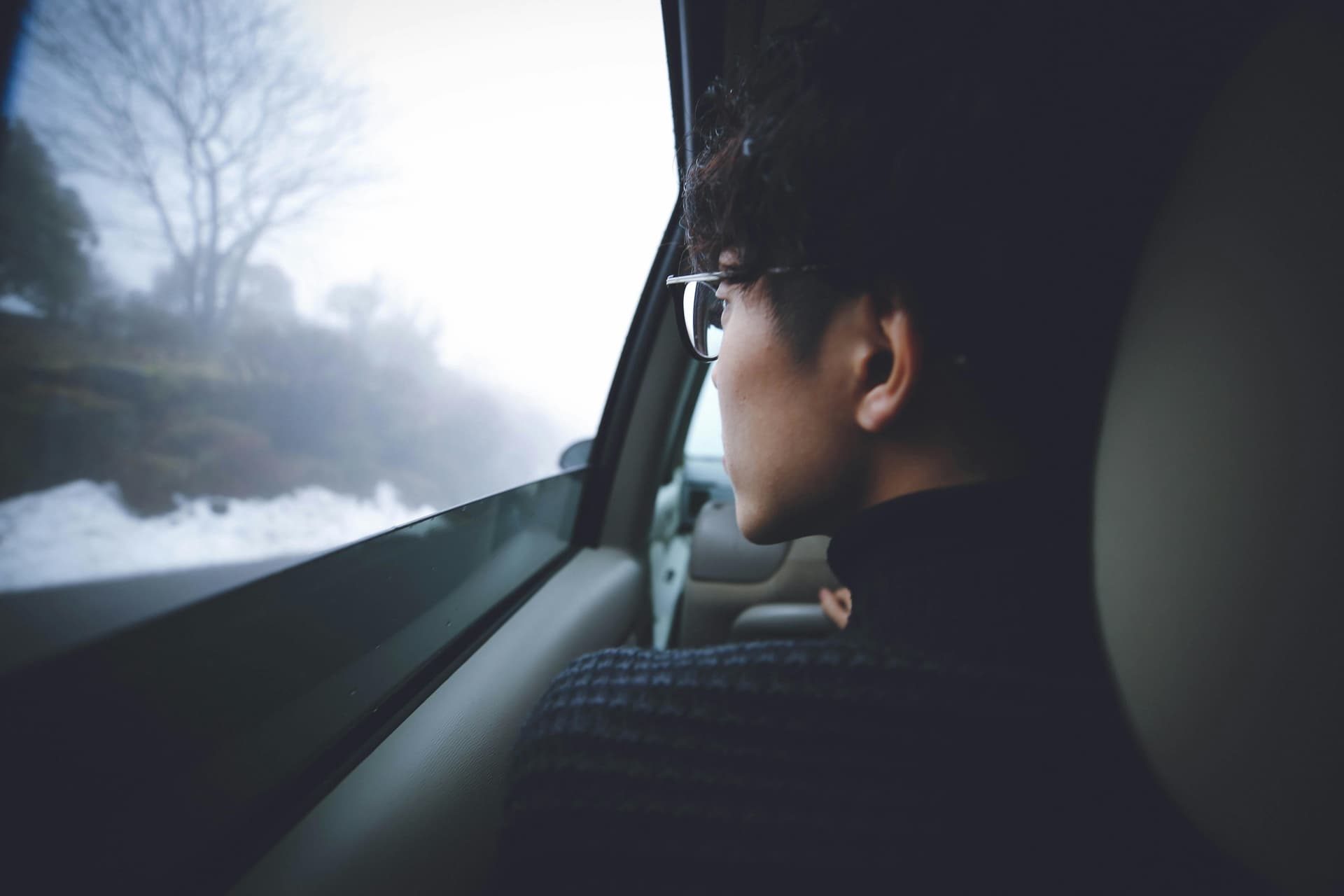 Passenger gazing through car window at misty Japanese countryside during a private tour