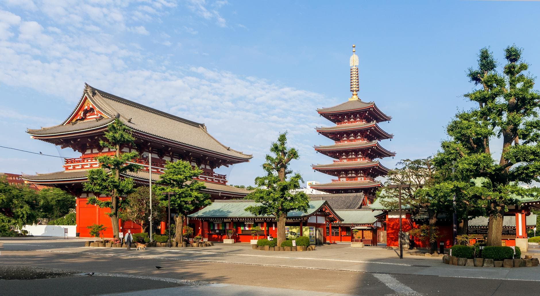 Sensoji Temple pagoda against clear morning sky at sunrise