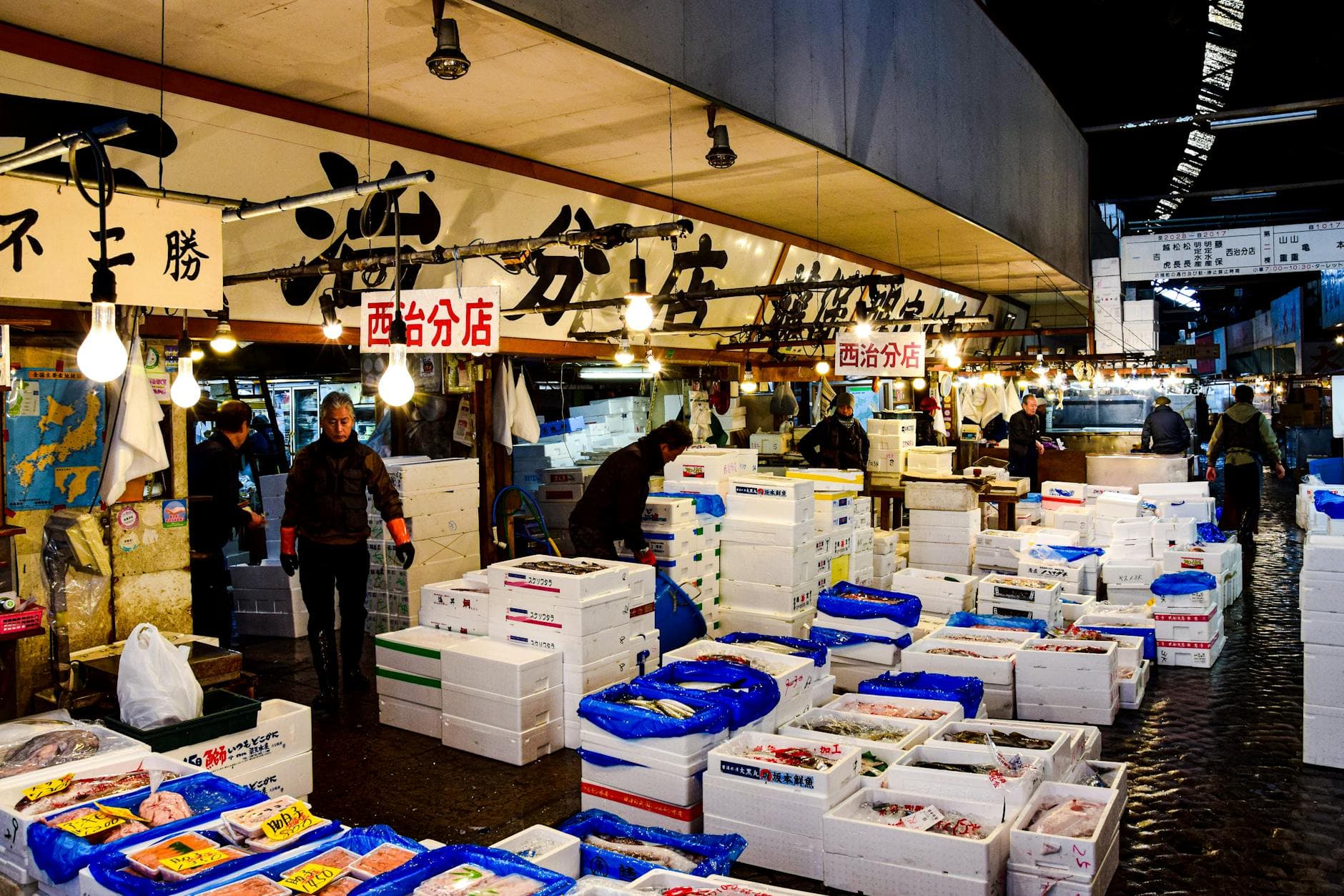 Vendors working among seafood boxes at Tsukiji fish market