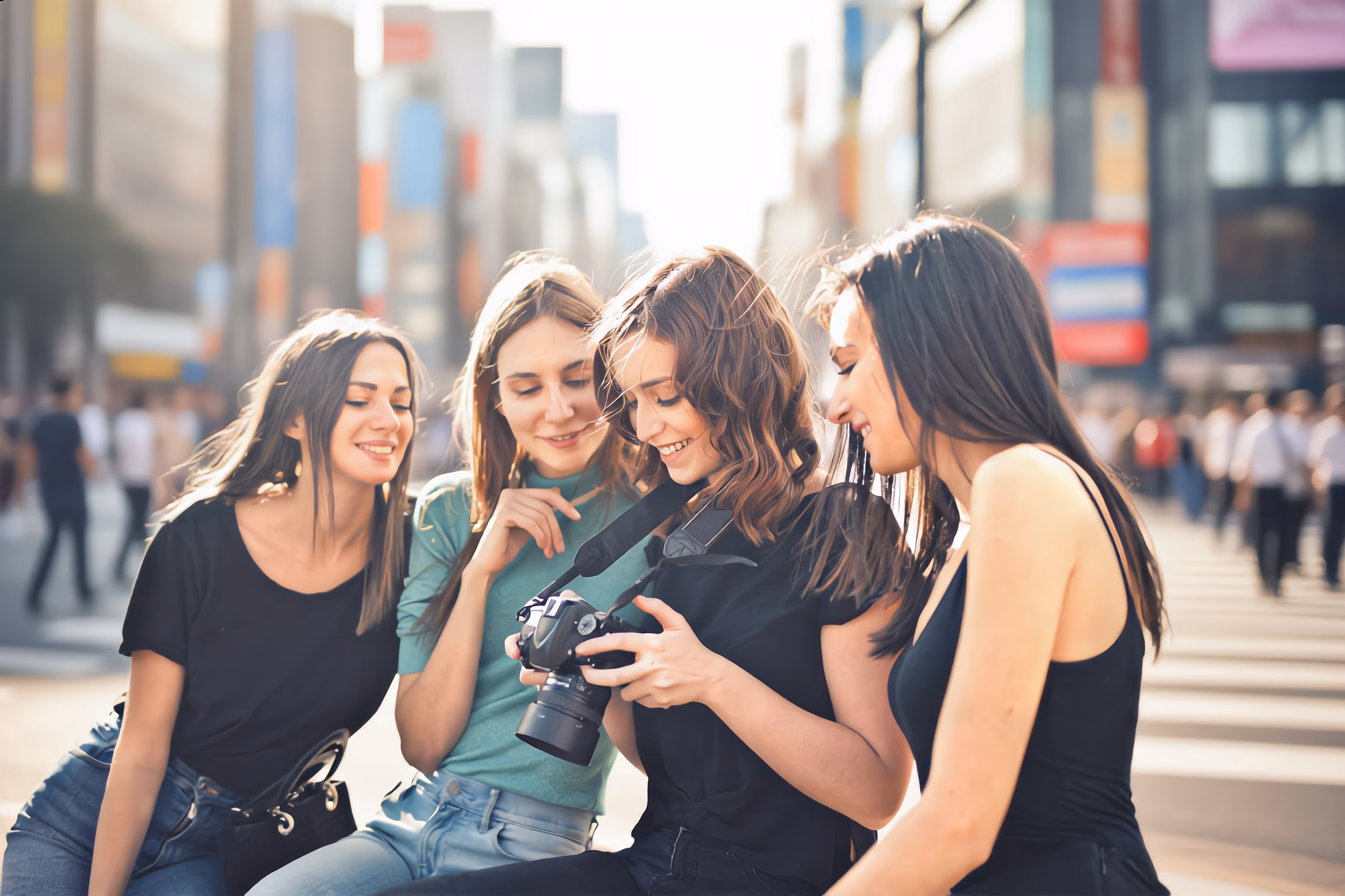 Teens exploring Tokyo with camera