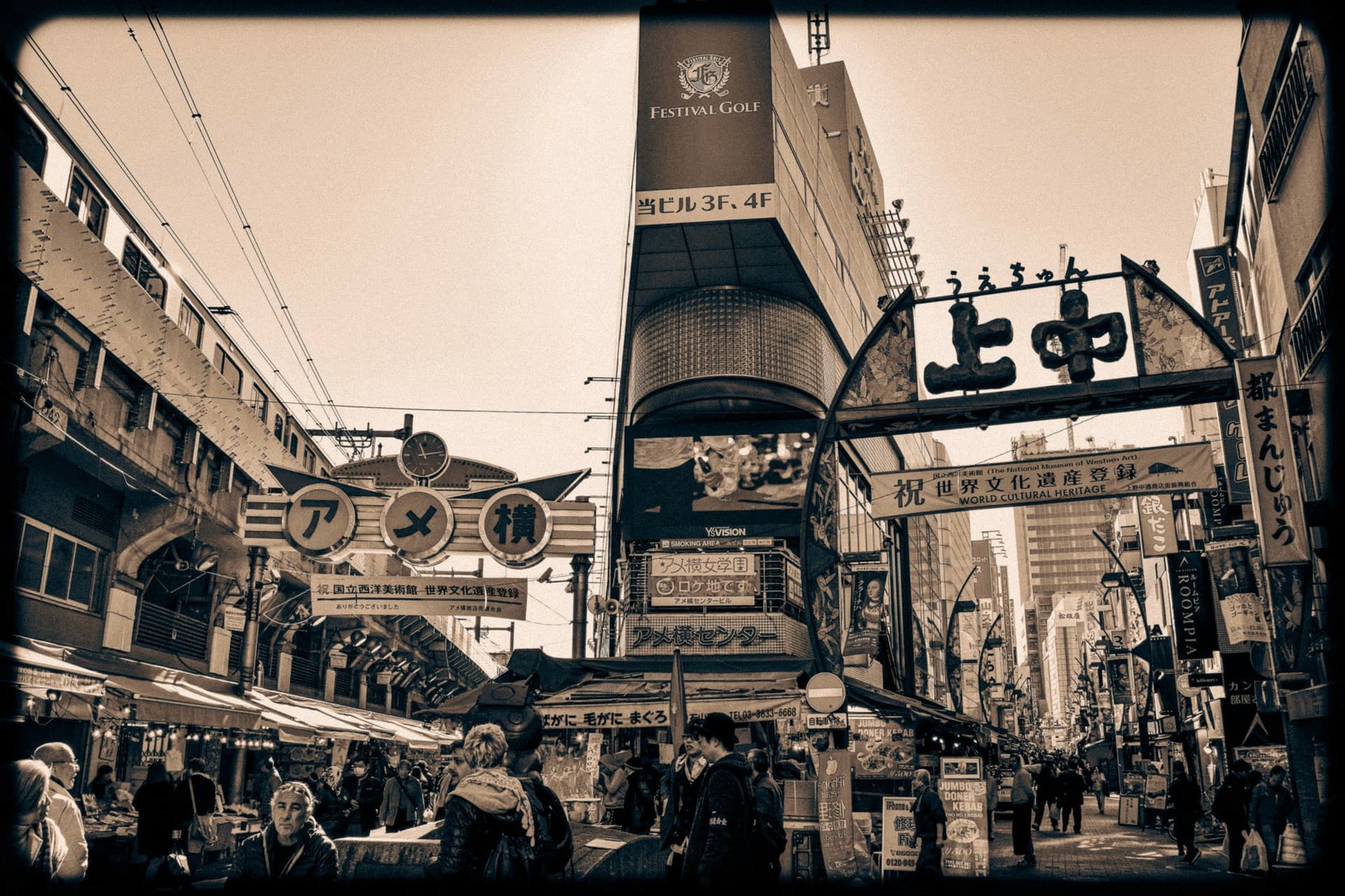 Ameyoko market entrance arches with crowds browsing stalls on foot