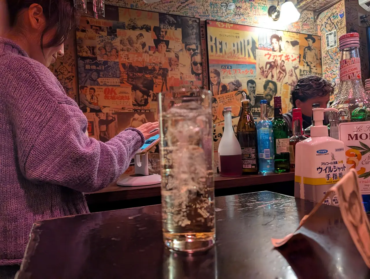 A whisky highball on the counter of a tiny bar in Golden Gai, Shinjuku