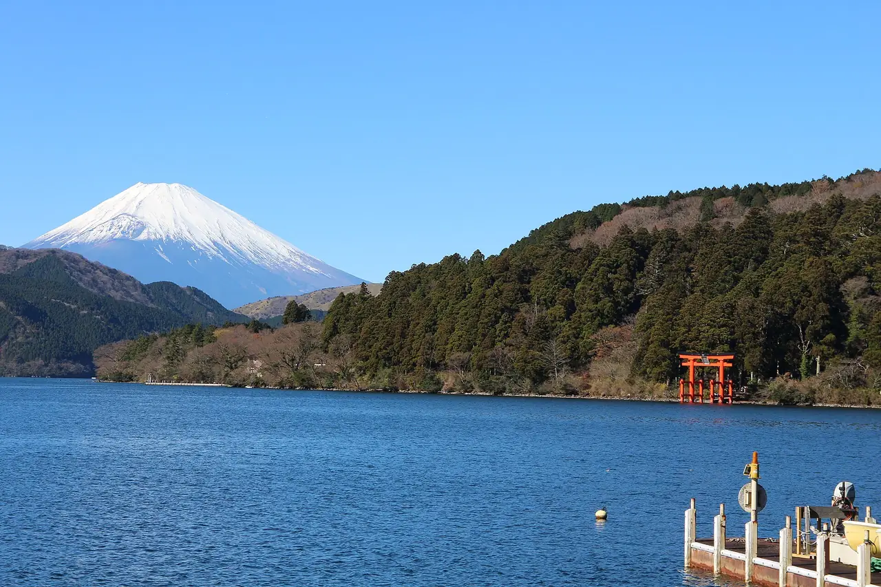 Snow-capped Mount Fuji above Lake Ashi and the Hakone Shrine torii gate