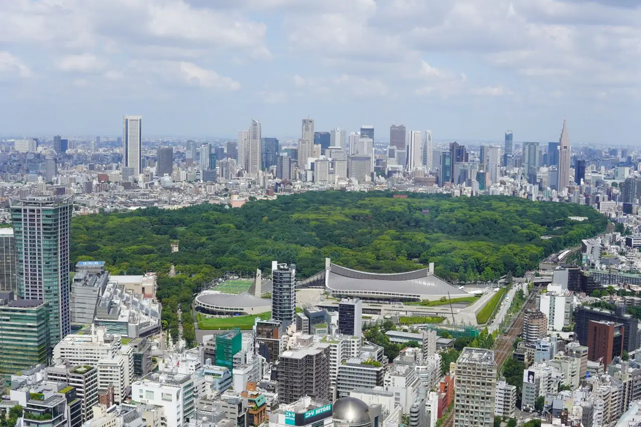 Yoyogi National Gymnasium and the Yoyogi Park forest seen from above with Shinjuku behind