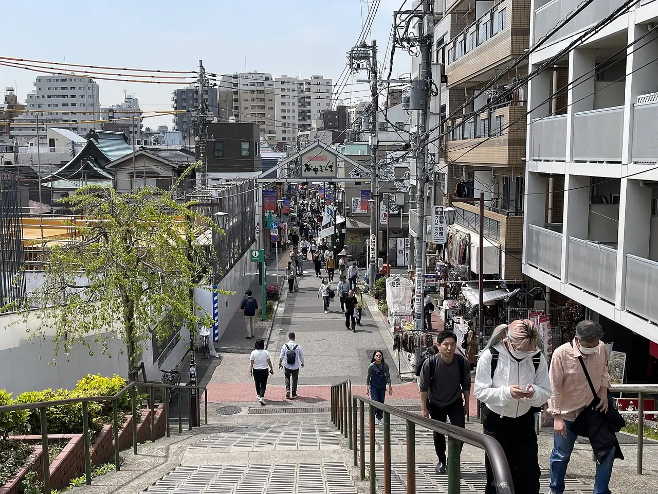 Shoppers on the Yanaka Ginza shopping street seen from the Yuyake Dandan steps
