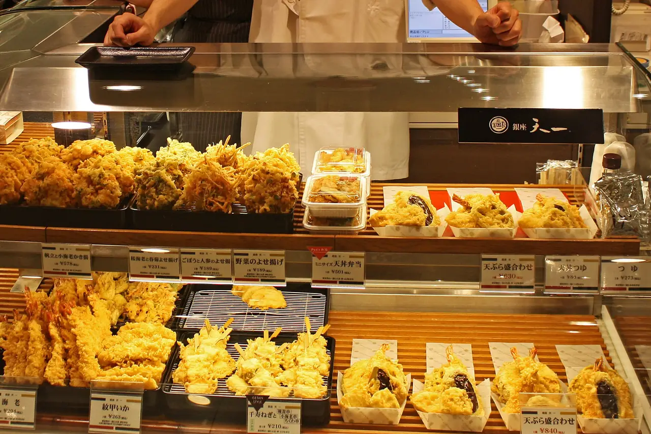 Takeaway tempura counter in the basement food hall of a Tokyo department store
