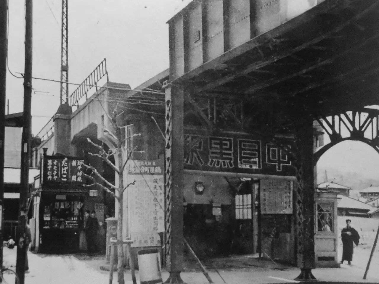 Nakameguro Station entrance under the elevated Toyoko Line tracks in 1936