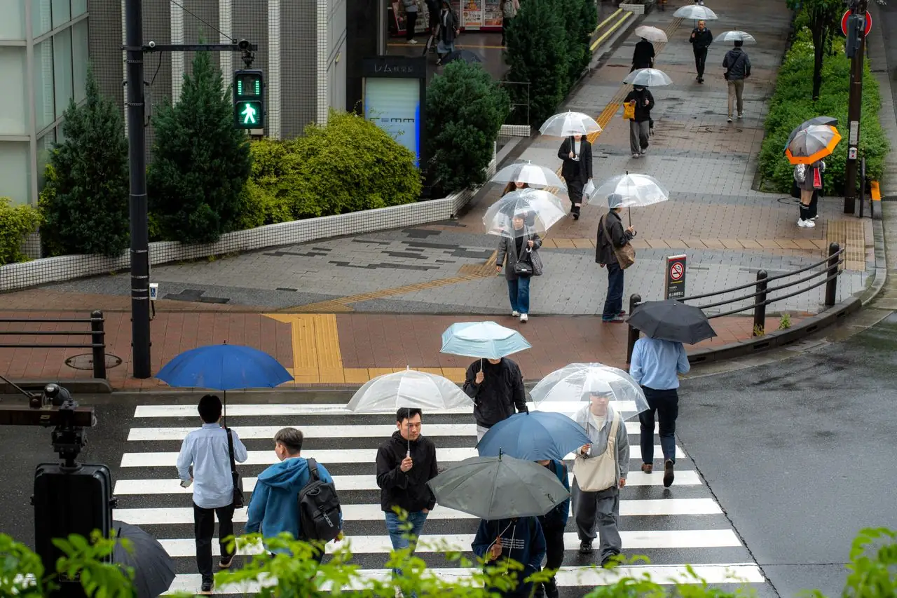 Pedestrians with umbrellas crossing a street on a grey rainy-season day in Japan