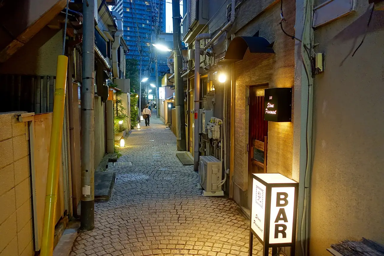 Cobblestone back alley in Kagurazaka at night, lit by small bar and restaurant signs