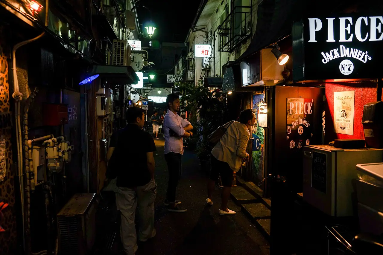 Visitors looking into small bars along a Golden Gai alley at night
