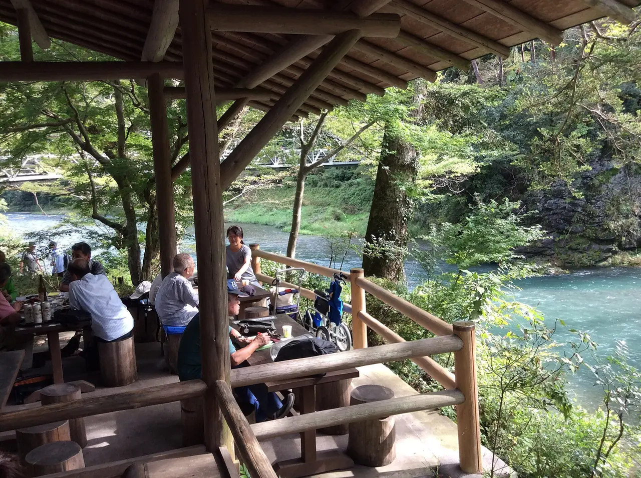 Riverside terrace at the Sawanoi brewery restaurant above the Tama River in Ome