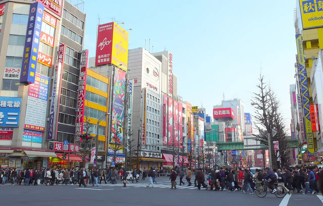 Shoppers crossing the main street of Akihabara Electric Town under tall signboards