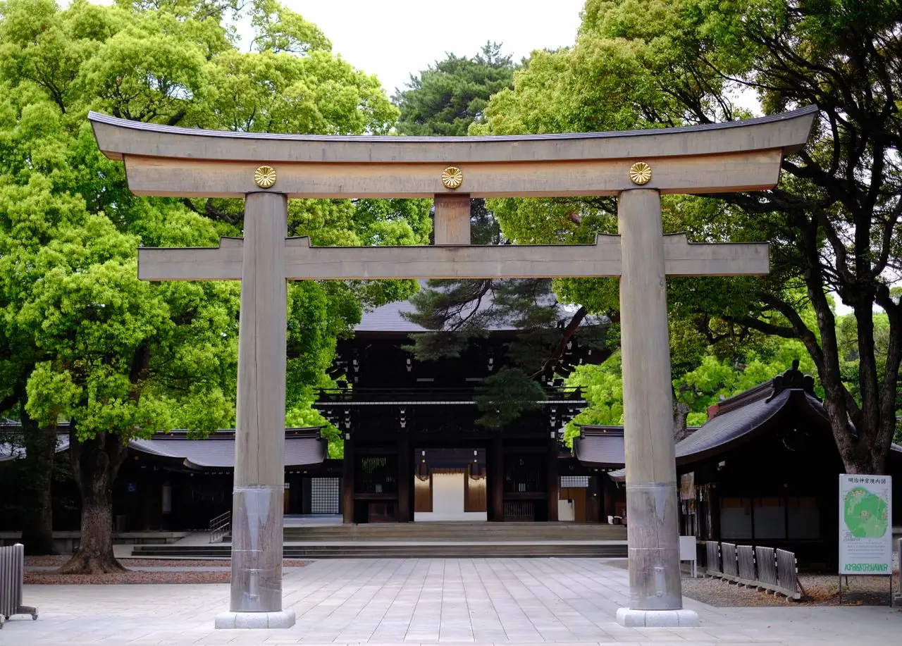 Wooden torii standing before the south gate of Meiji Shrine in Tokyo