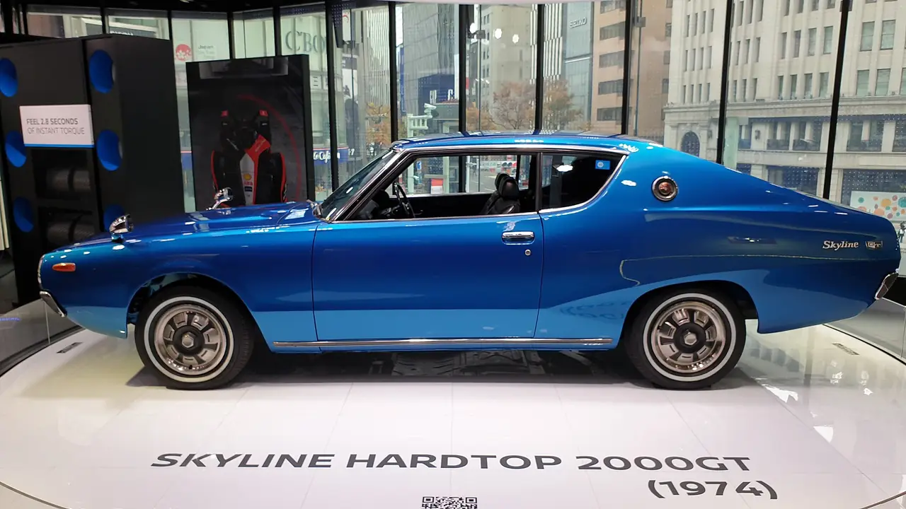 A 1974 Nissan Skyline 2000GT on display at the Nissan Crossing showroom in Ginza