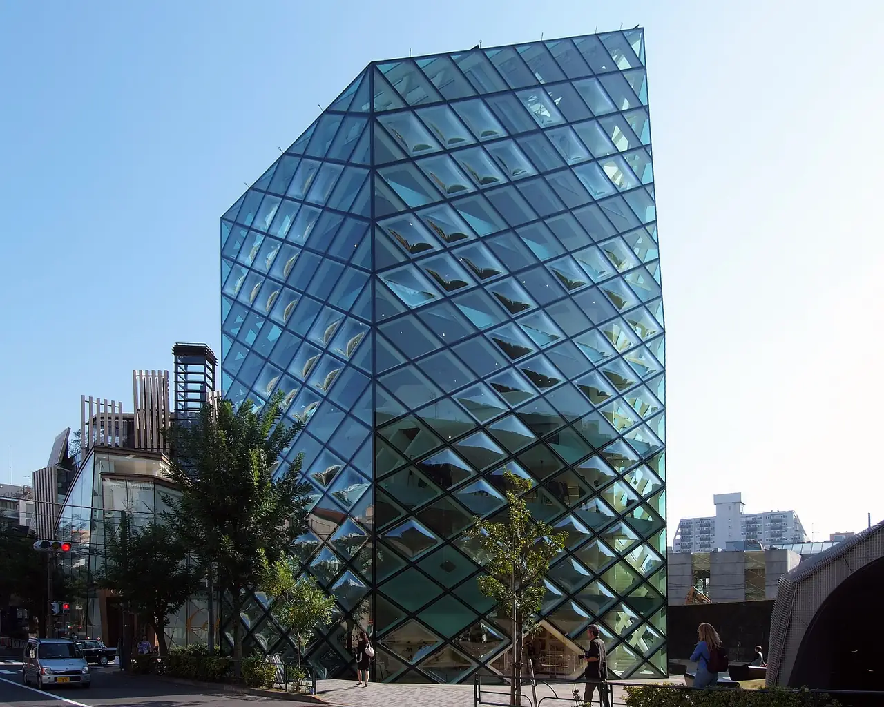 Diamond-paned glass facade of the Prada Aoyama store designed by Herzog and de Meuron