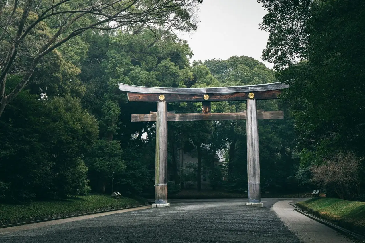 Large wooden torii gate over the empty forest approach at Meiji Jingu in Tokyo