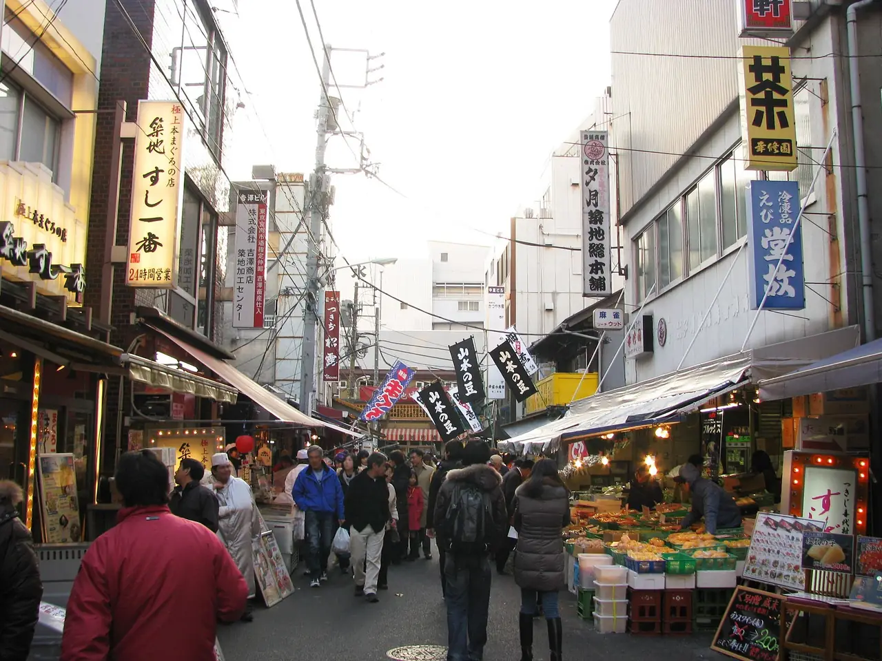 Shoppers walking a lane of food stalls in the Tsukiji Outer Market