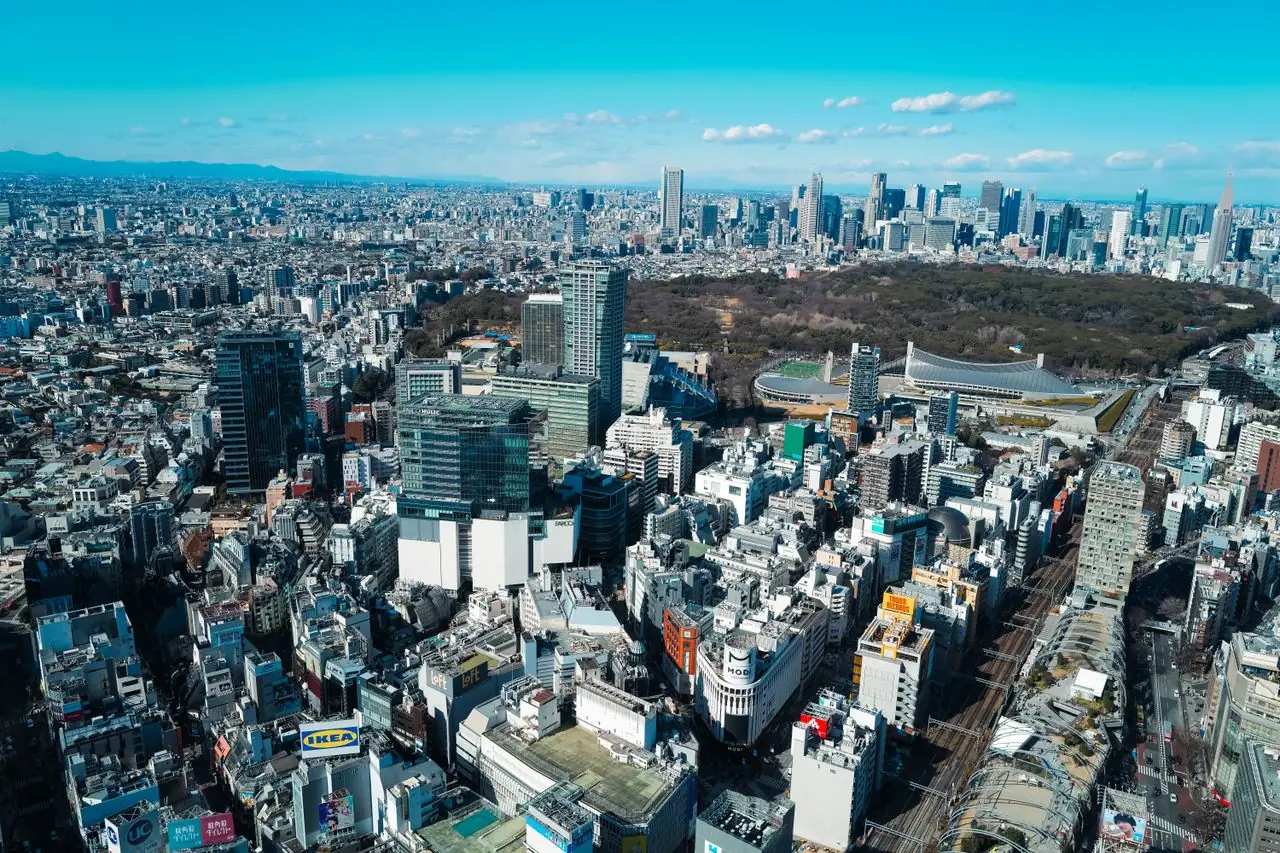 Yoyogi Park and the Shinjuku skyline seen from high above Shibuya