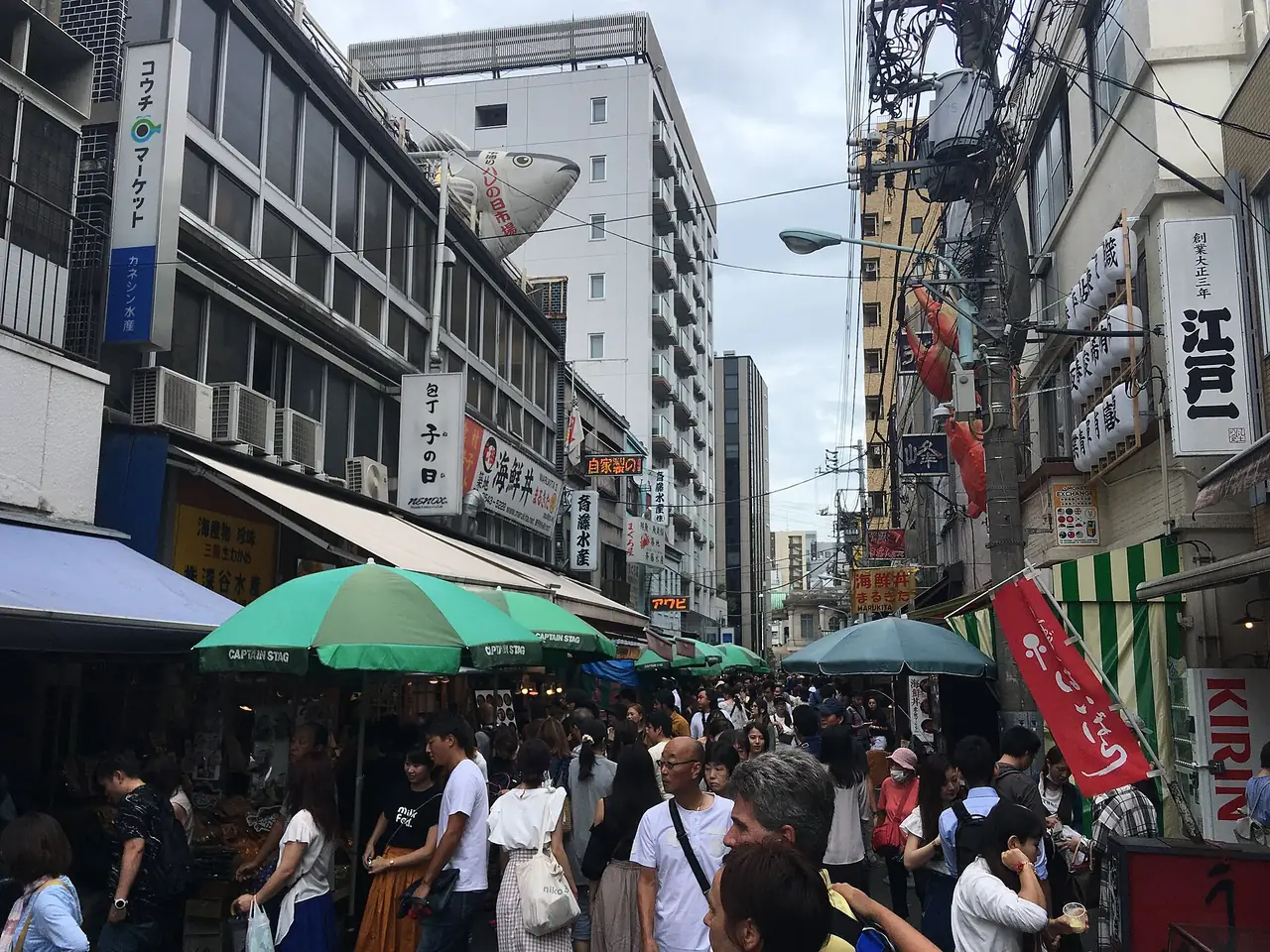 Shoppers crowding the stalls of Tsukiji Outer Market on a busy morning