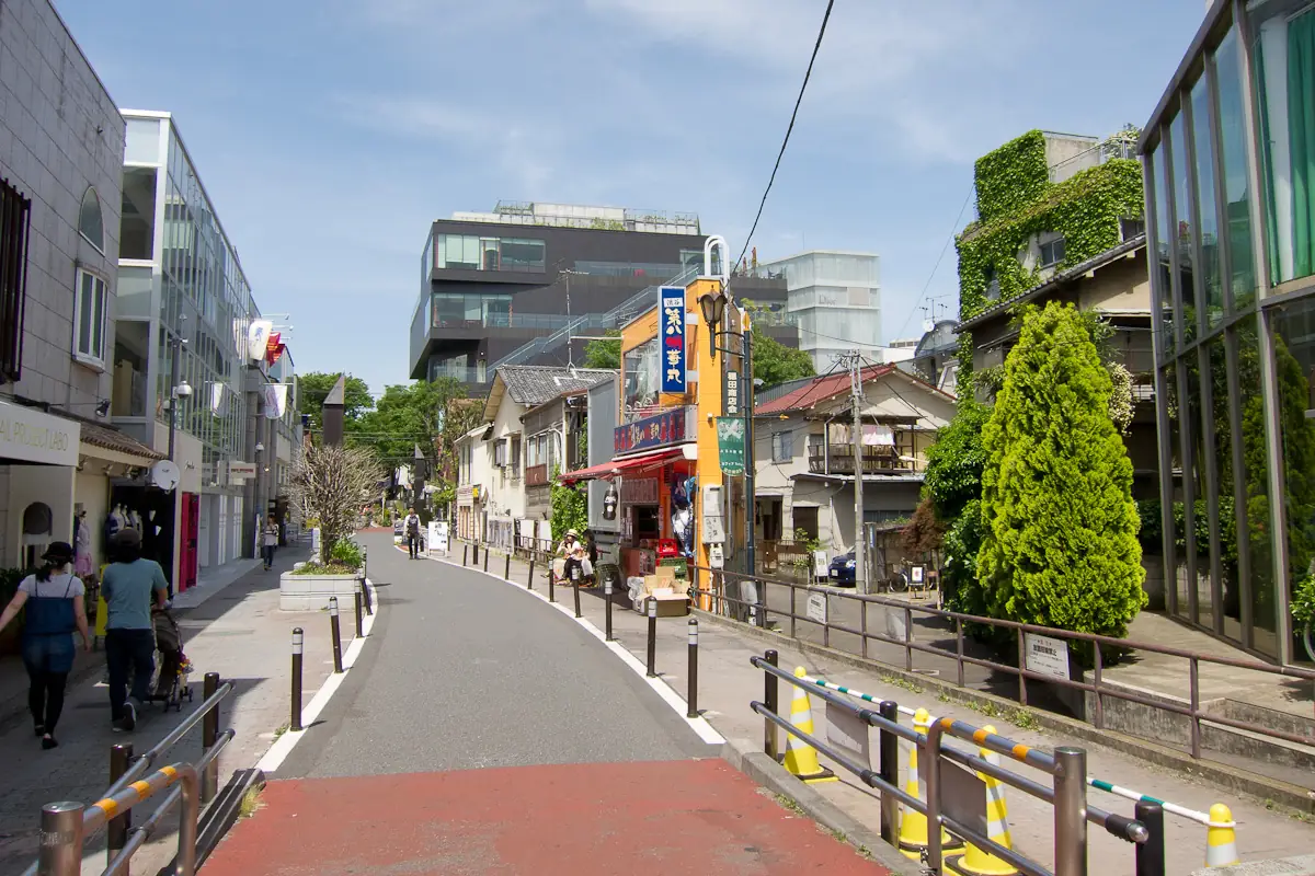 Curving pedestrian lane of Cat Street lined with small shops in Harajuku