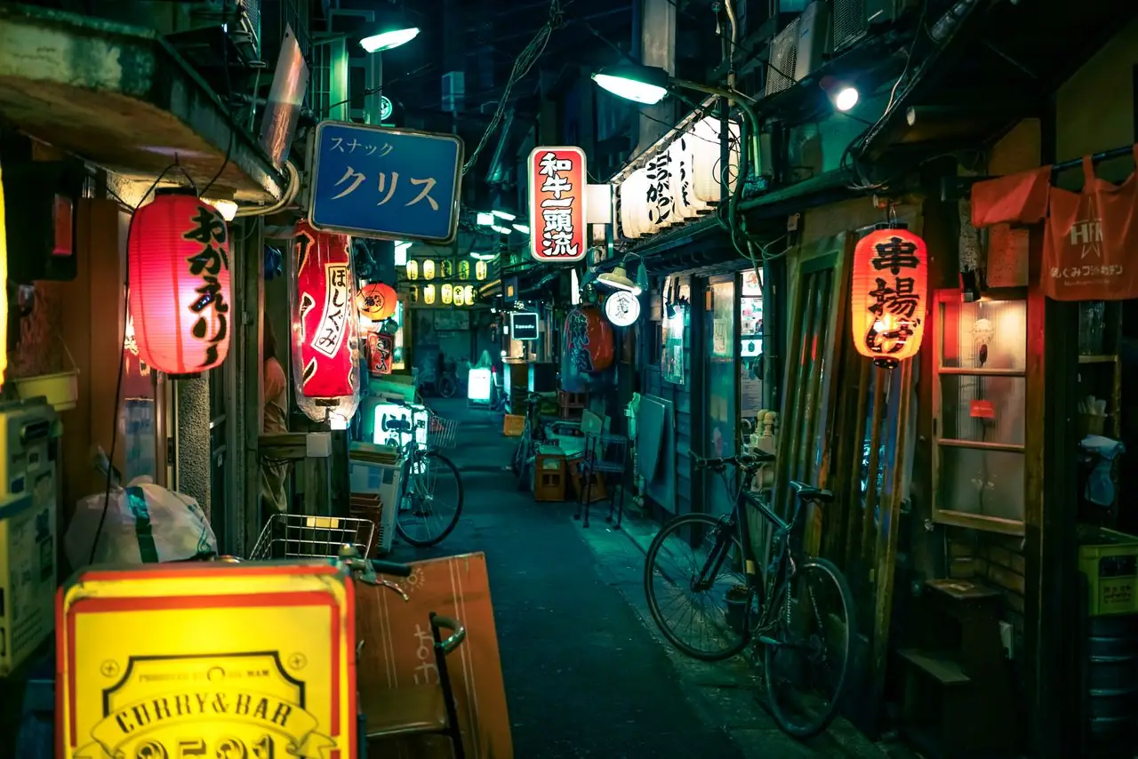 Lanterns and signs for tiny snack bars along a narrow Tokyo alley at night