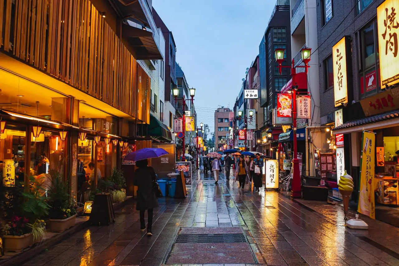 Shoppers with umbrellas on rain-soaked Kannon-dori in Asakusa at dusk