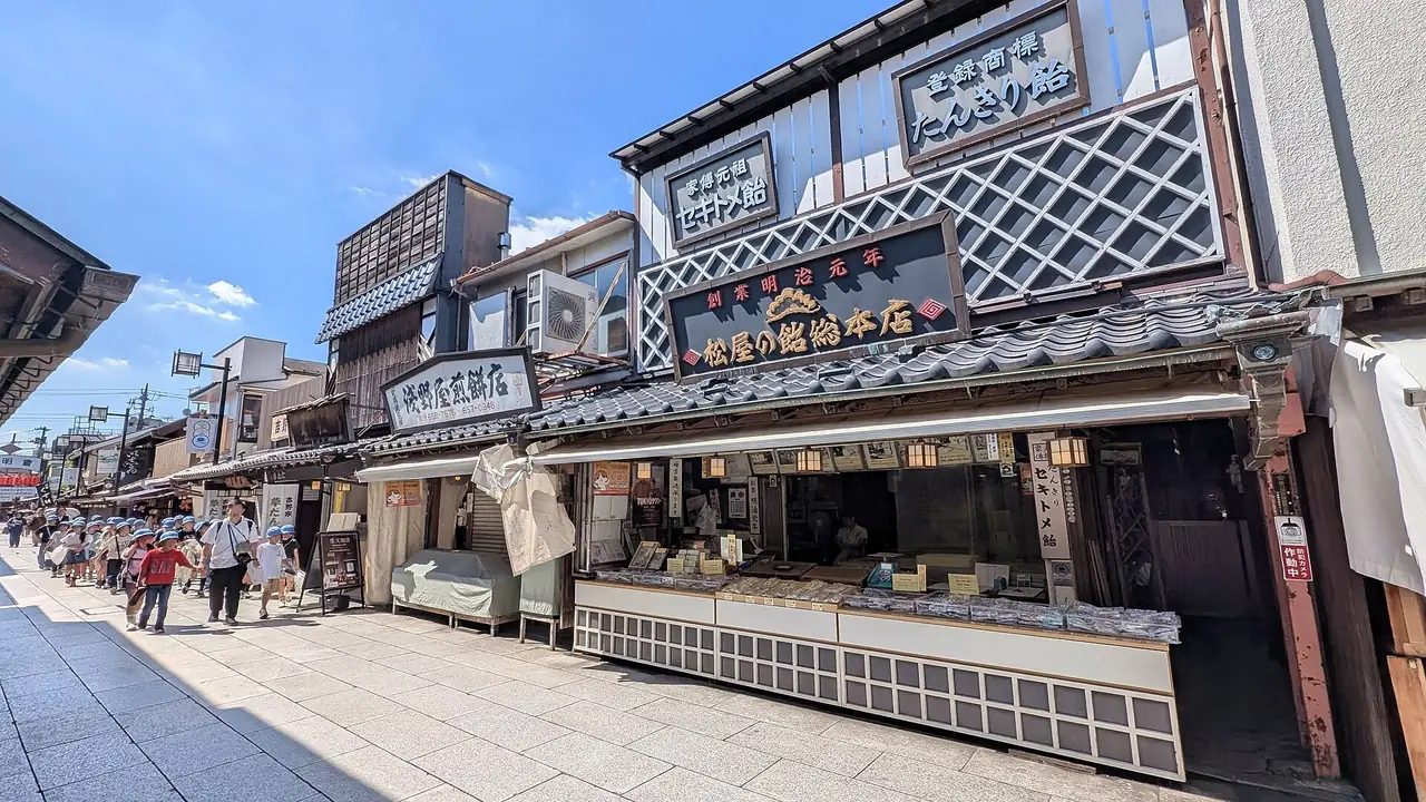 Old wooden shopfronts along the Taishakuten approach street in Shibamata, Tokyo