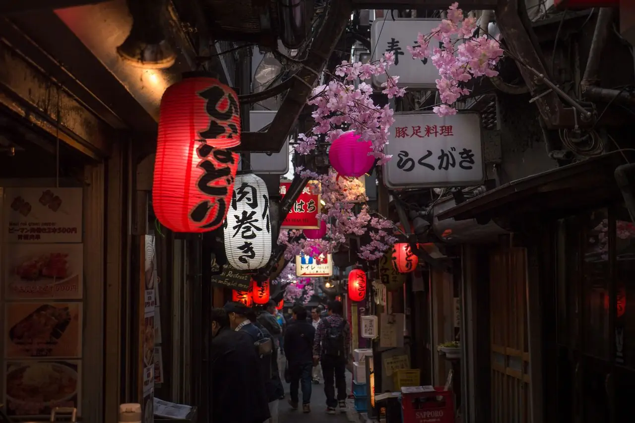Red lanterns and shop signs crowding a narrow alley in Omoide Yokocho, Shinjuku