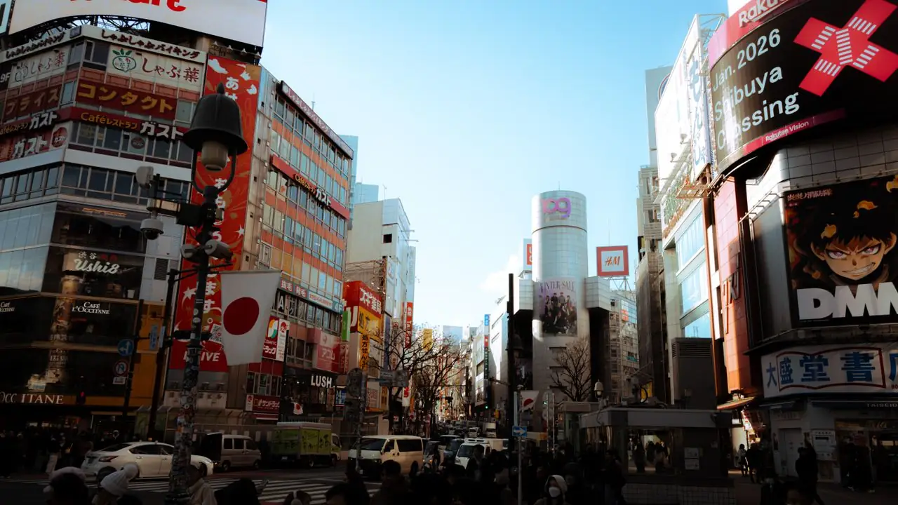 The Shibuya 109 tower at the fork where Dogen-zaka begins, seen from the crossing