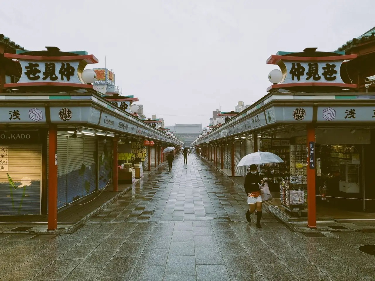 A nearly empty Nakamise Street in Asakusa with some shops still shuttered in the rain