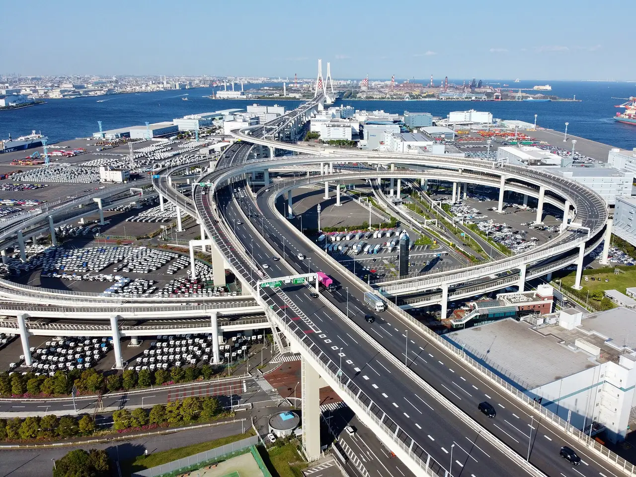 Aerial view of the Daikoku Junction expressway loops above Daikoku Parking Area in Yokohama