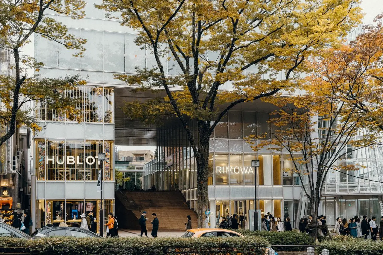 Hublot and Rimowa boutiques under autumn zelkova trees on Omotesando