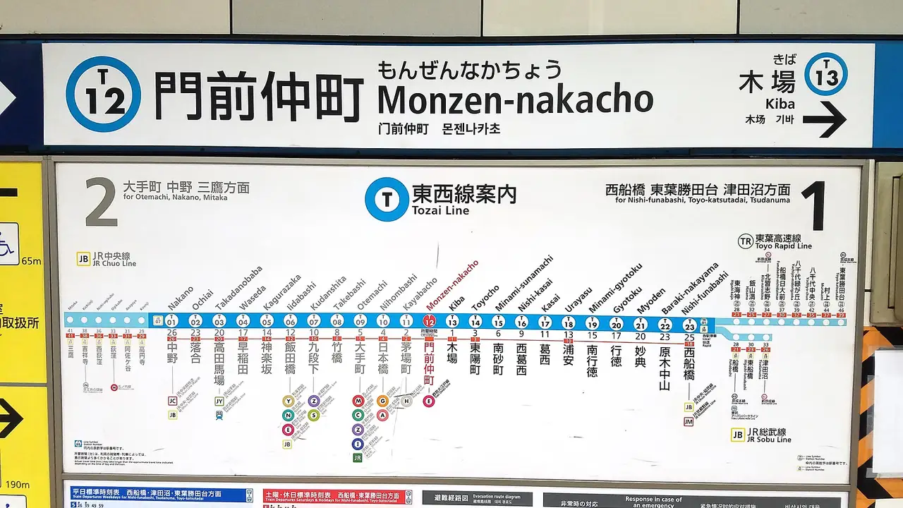 Bilingual station sign and line map on the Tozai Line platform at Monzen-Nakacho