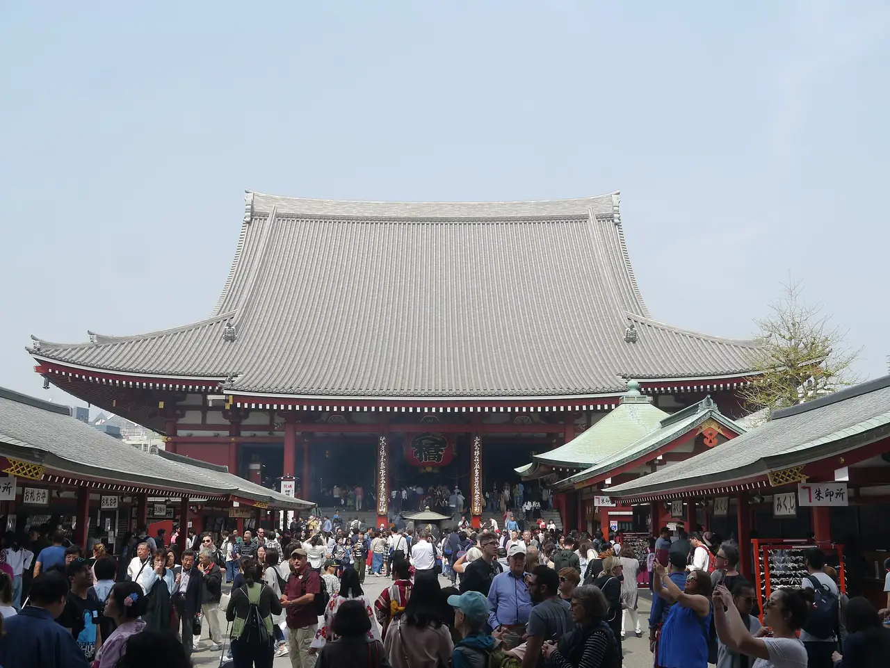 Visitors gathered in front of the main hall of Senso-ji Temple in Asakusa