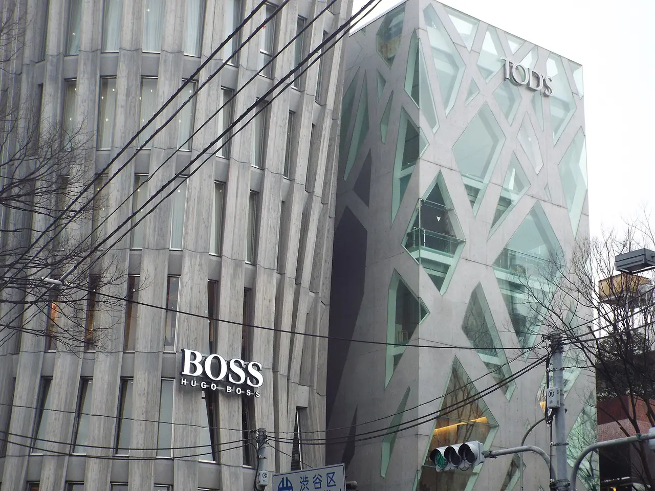 Concrete branch lattice of the Tod's Omotesando building beside the Hugo Boss store