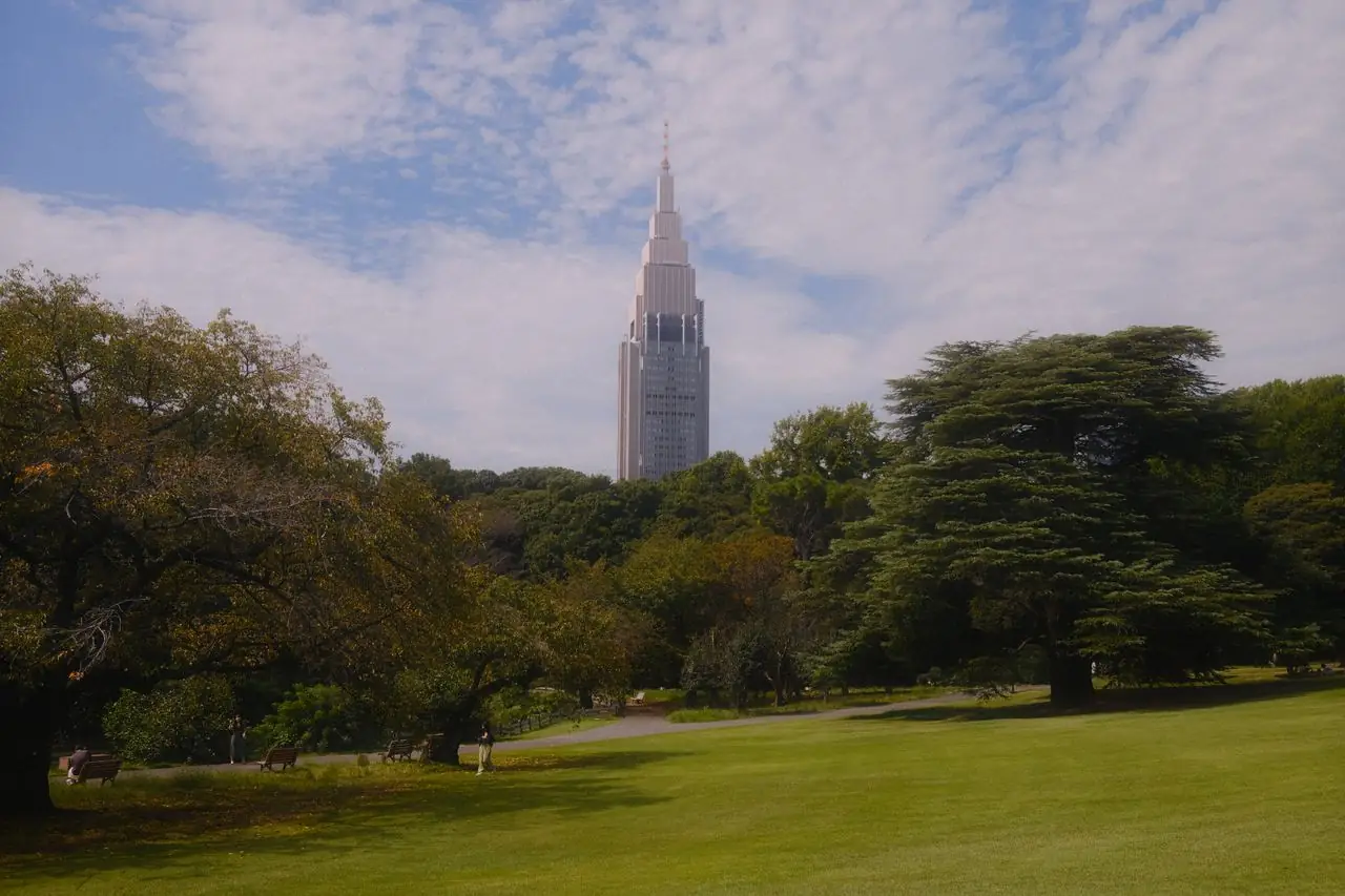 Open lawns and trees in Shinjuku Gyoen with the NTT Docomo Yoyogi Building behind