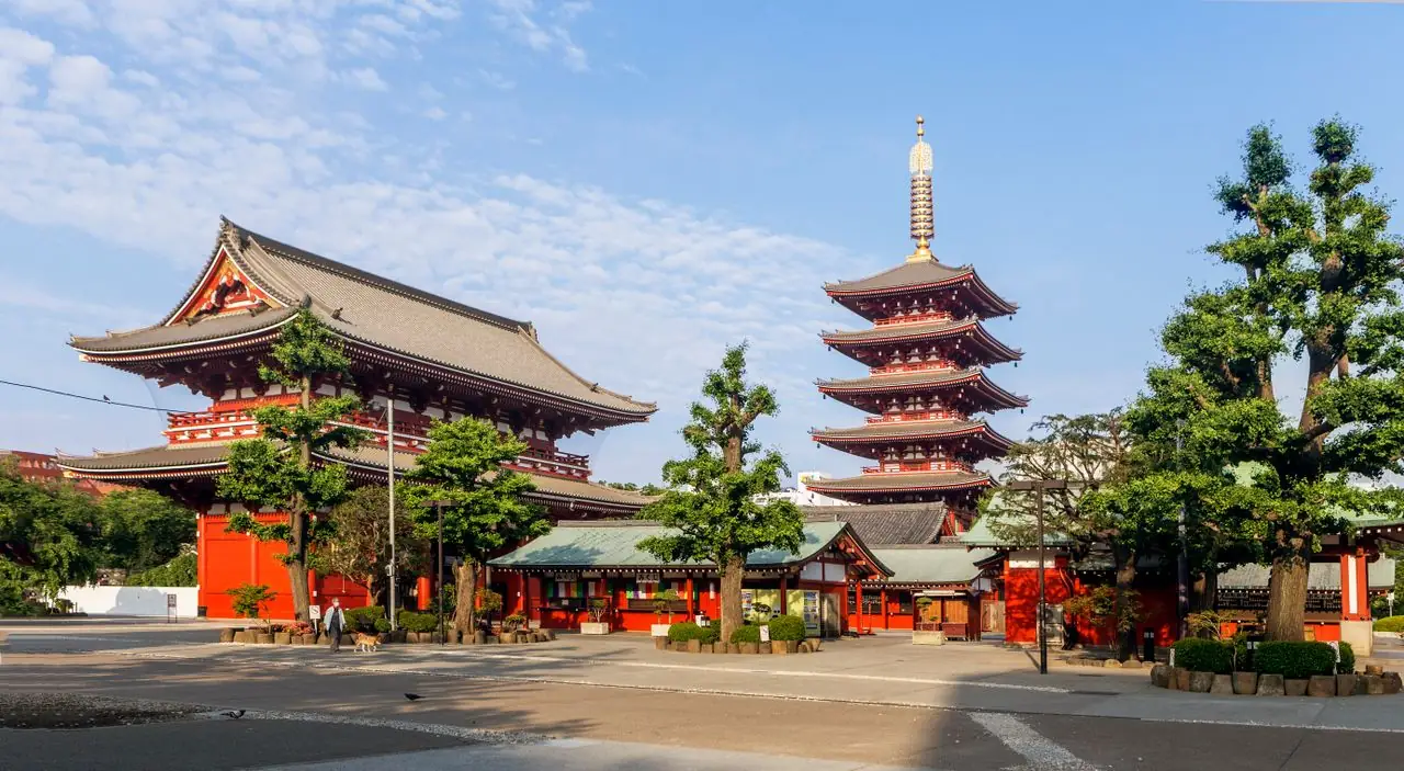 Hozomon Gate and the five-story pagoda at Senso-ji in Asakusa on a clear day