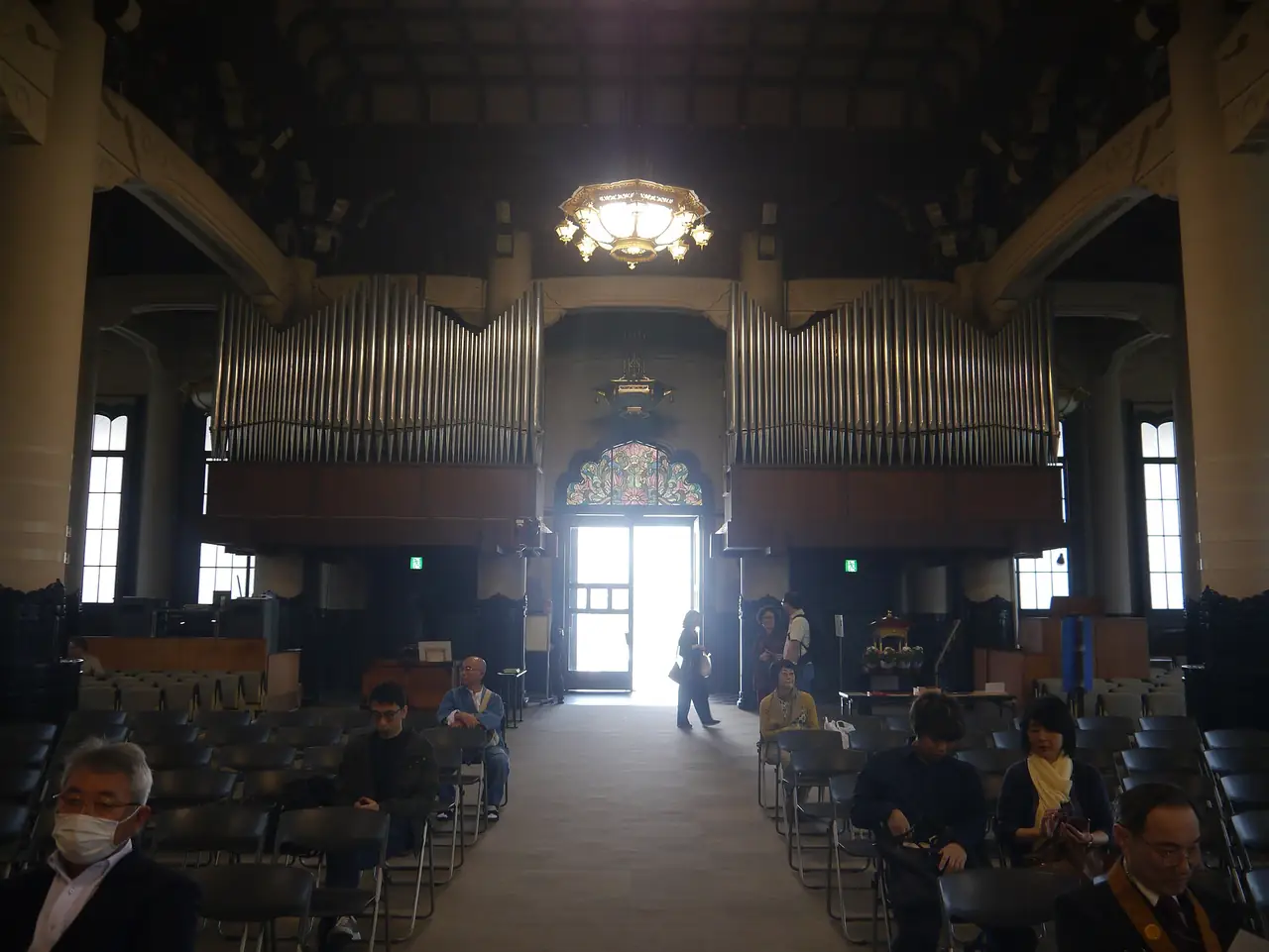 The pipe organ above the entrance inside the main hall of Tsukiji Honganji