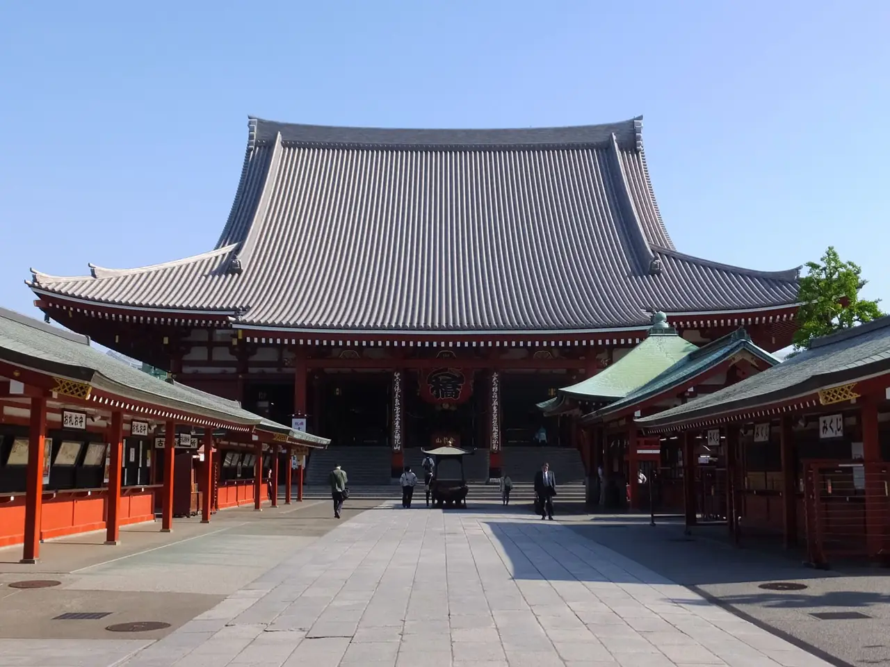 Senso-ji main hall in Asakusa with only a few early visitors in the courtyard