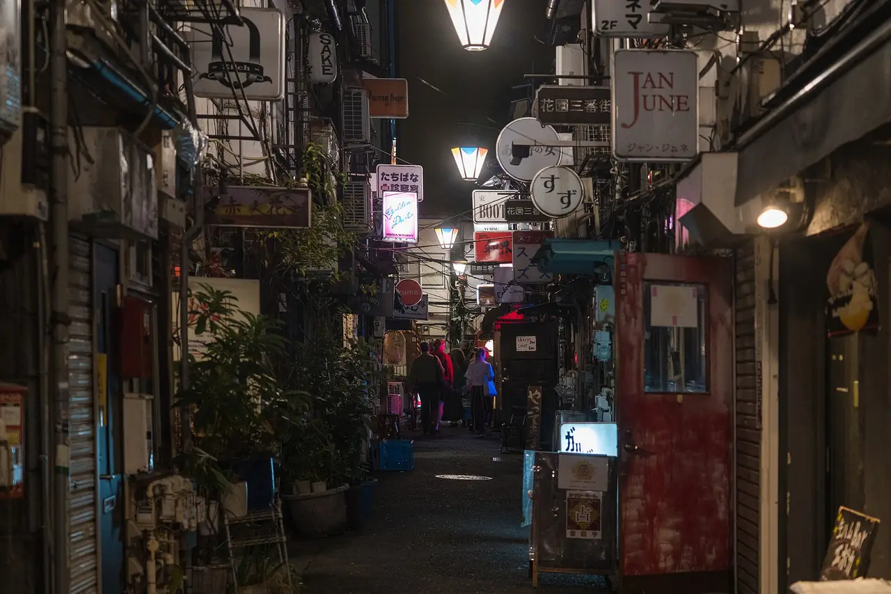 Narrow Golden Gai alley in Shinjuku at night, lined with tiny bar signs